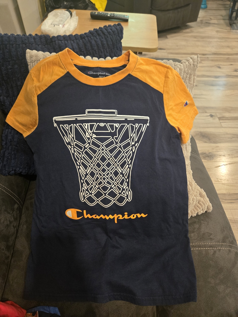 Champion Navy and Orange Basketball Net Graphic Tee
